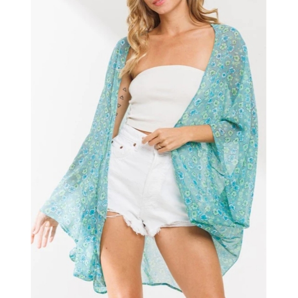 21 Beautiful teal and gree boho floral print sheer flowy open kimono cardi - Picture 6 of 7